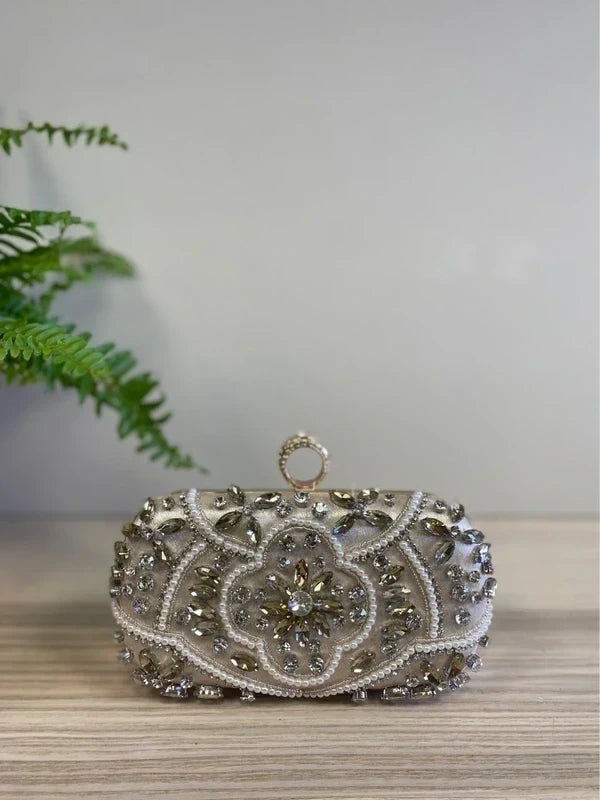 Pearl & Clear Crystal Clutch Bag Party Evening Purse Handbag