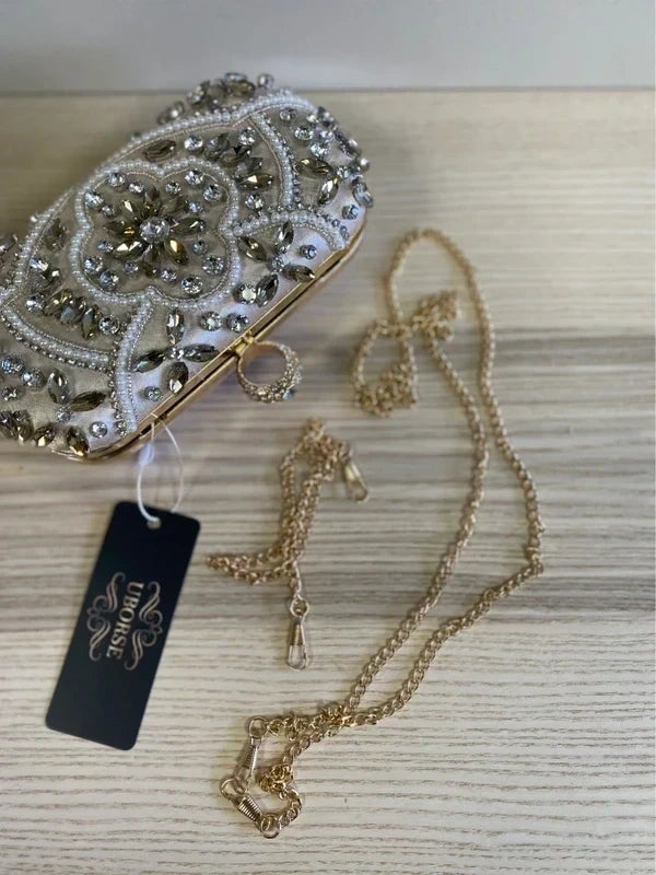 Pearl & Clear Crystal Clutch Bag Party Evening Purse Handbag