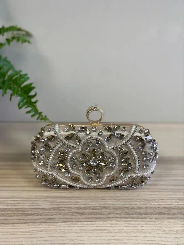 Pearl & Clear Crystal Clutch Bag Party Evening Purse Handbag