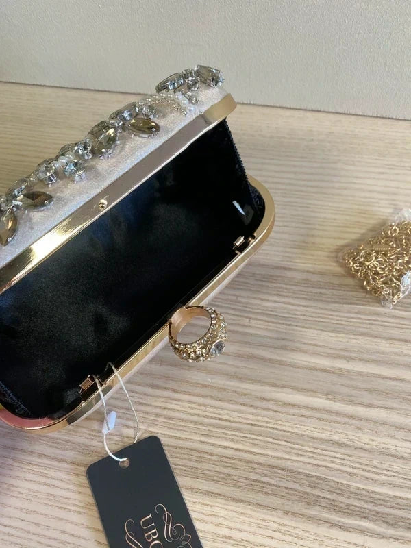 Pearl & Clear Crystal Clutch Bag Party Evening Purse Handbag