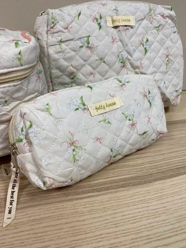 3Pcs Quilted Makeup Bag, Cute Floral Cotton Cosmetic Bag set