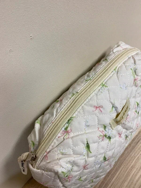 3Pcs Quilted Makeup Bag, Cute Floral Cotton Cosmetic Bag set
