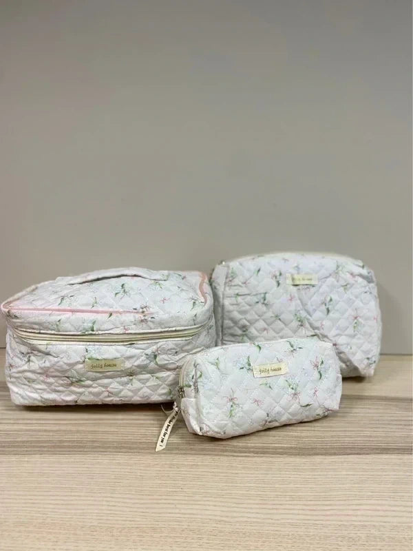 3Pcs Quilted Makeup Bag, Cute Floral Cotton Cosmetic Bag set