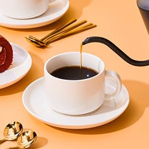 Porcelain Coffee Cups and Saucers Set of 6 with Gold Spoon 220 ml