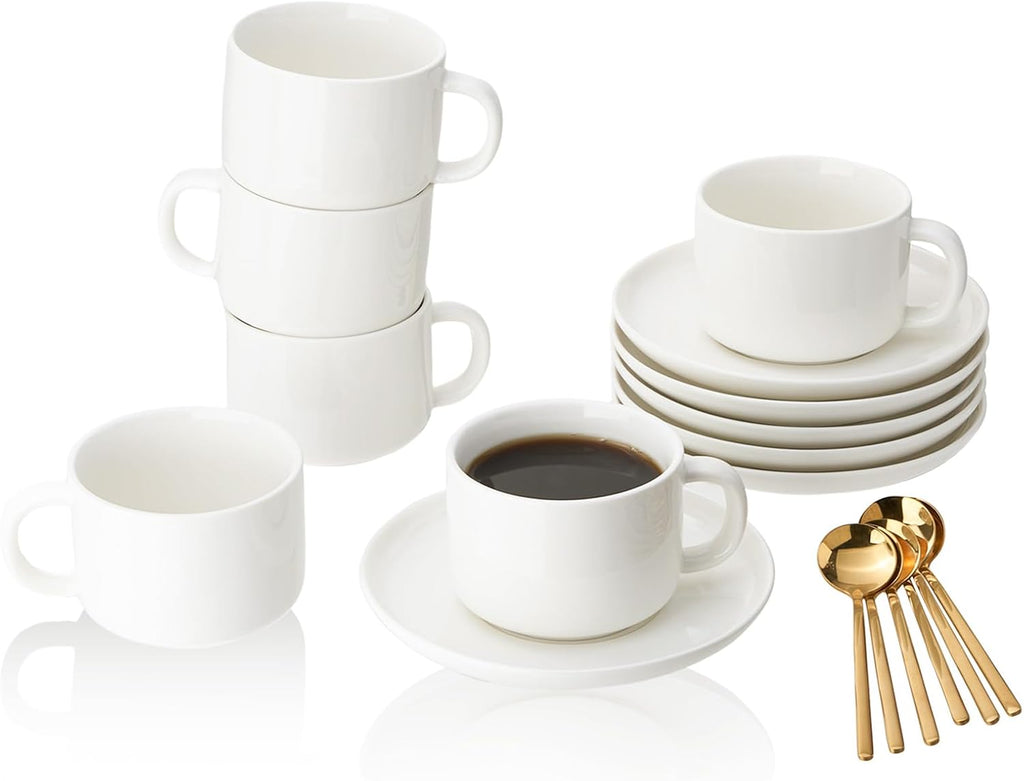 Porcelain Coffee Cups and Saucers Set of 6 with Gold Spoon 220 ml