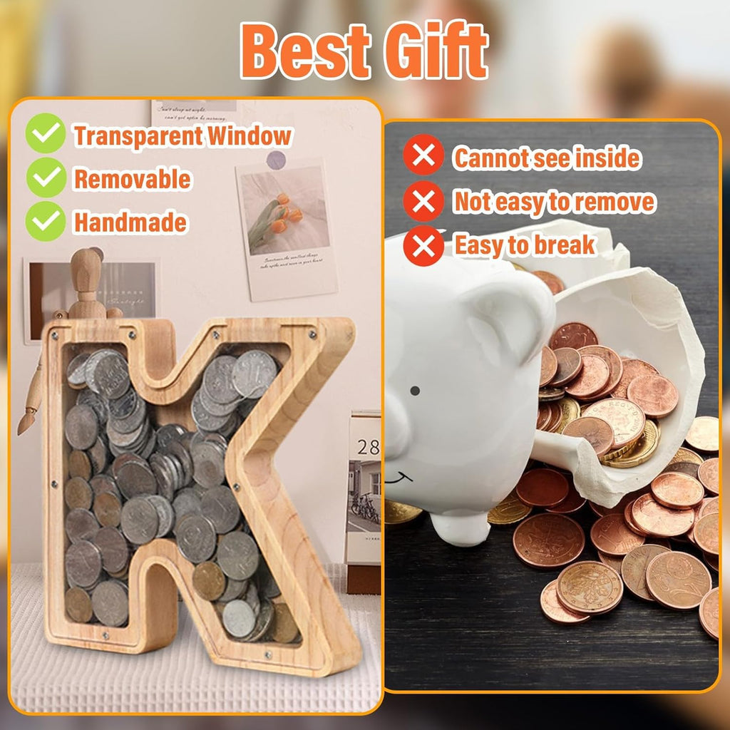 money box piggy bank wooden letter K