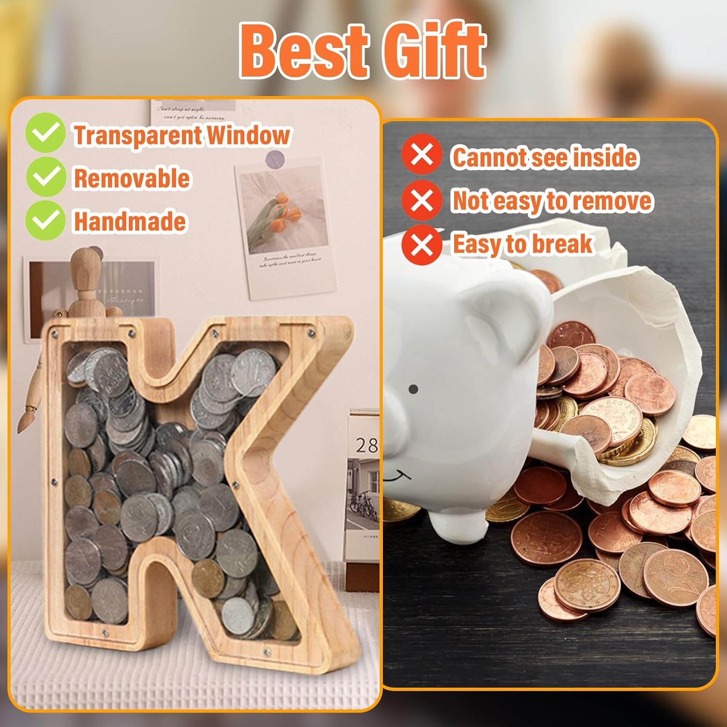 money box piggy bank wooden letter K