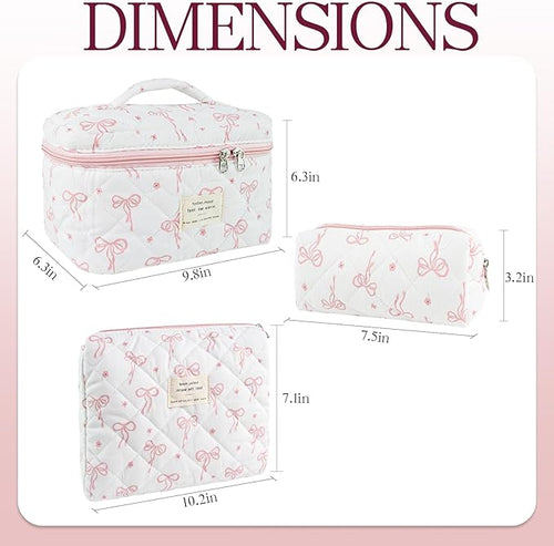 3Pcs Quilted Makeup Bag, Cute Floral Cotton Cosmetic Bag set