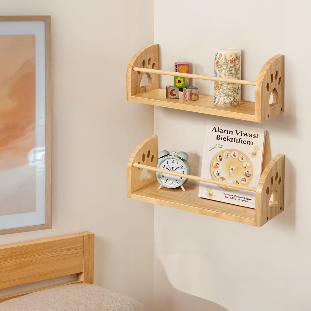 Kids Floating Bookshelf Wooden Wall Shelves Set of 2