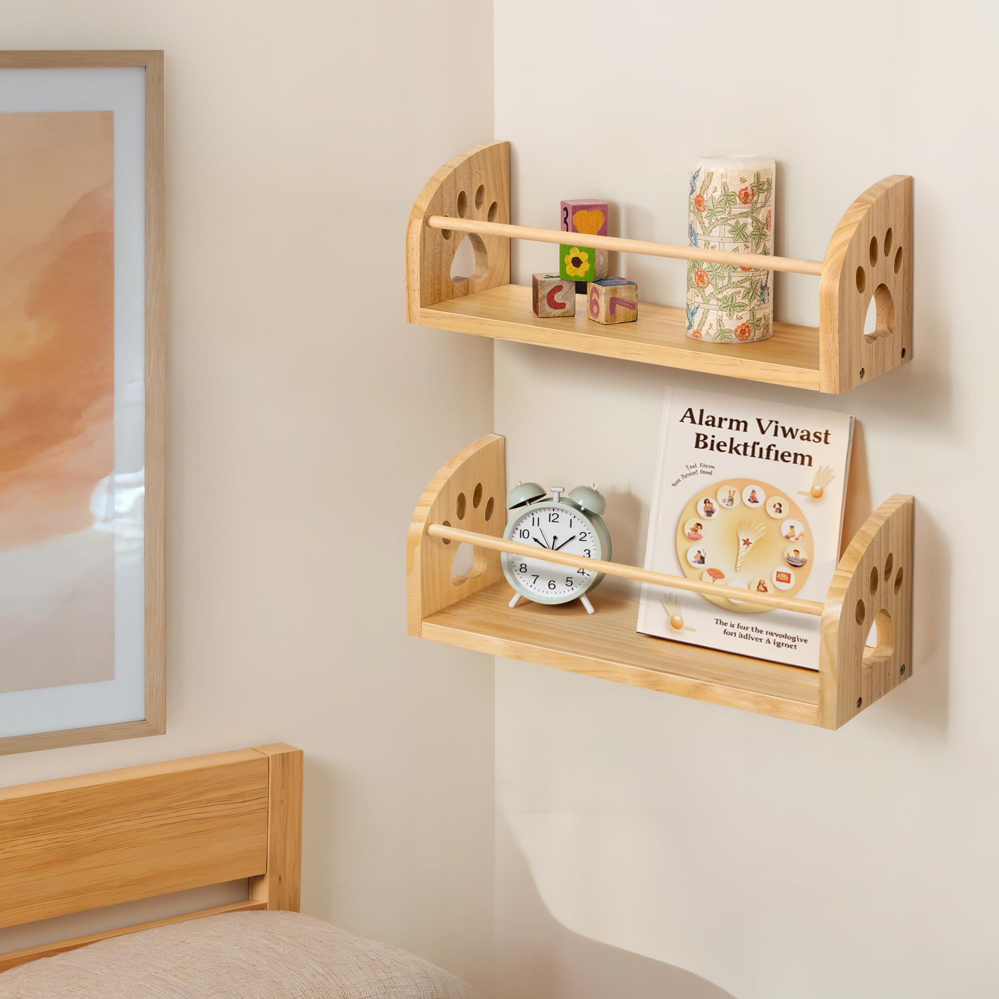 Kids Floating Bookshelf Wooden Wall Shelves Set of 2