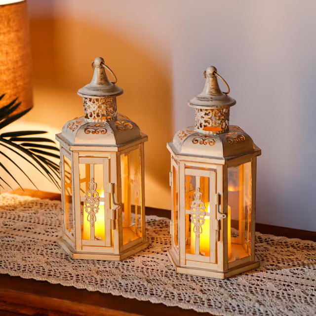 Set of 2 Rustic Decorative Lanterns Vintage Candle Holders – White with Gold Brush