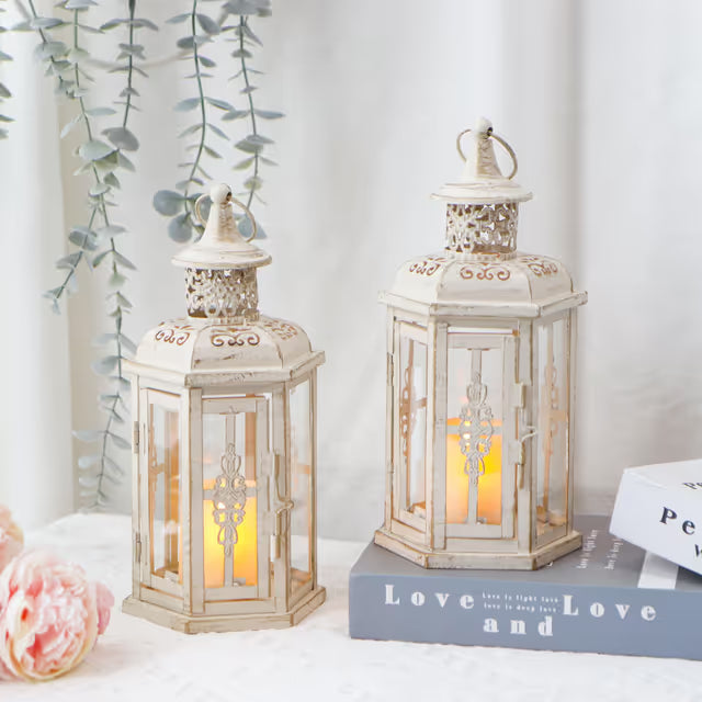 Set of 2 Rustic Decorative Lanterns Vintage Candle Holders – White with Gold Brush