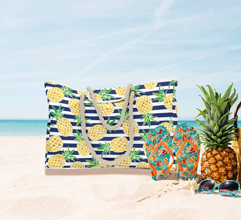 Oversized Beach Tote Bag Waterproof Pineapple Stripes XL