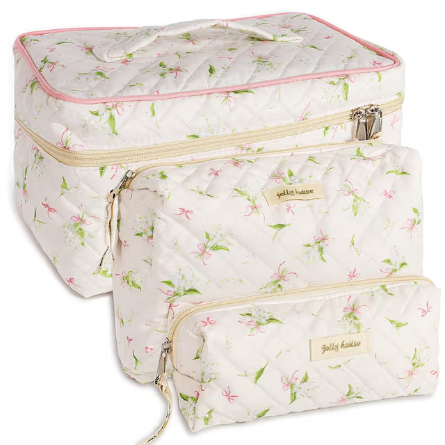 3Pcs Quilted Makeup Bag, Cute Floral Cotton Cosmetic Bag set