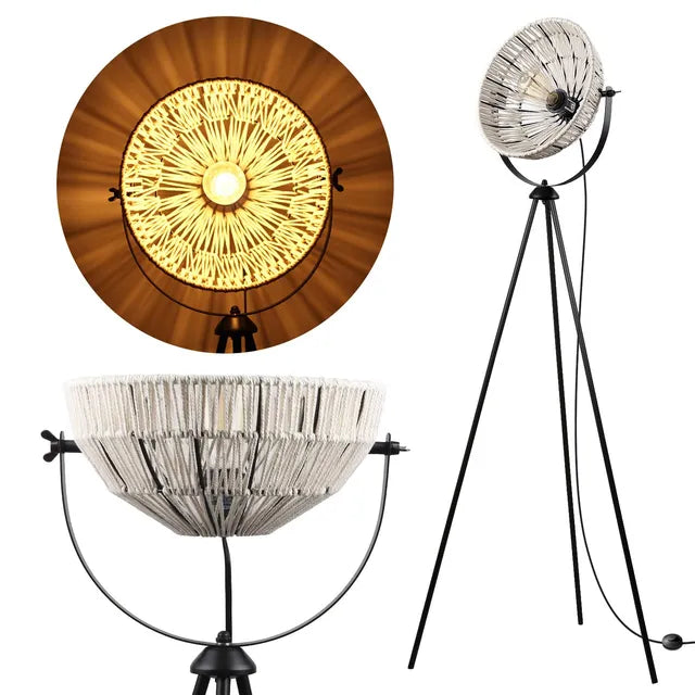 Floor Lamp Tripod Base with Woven Shade Bohemian Style