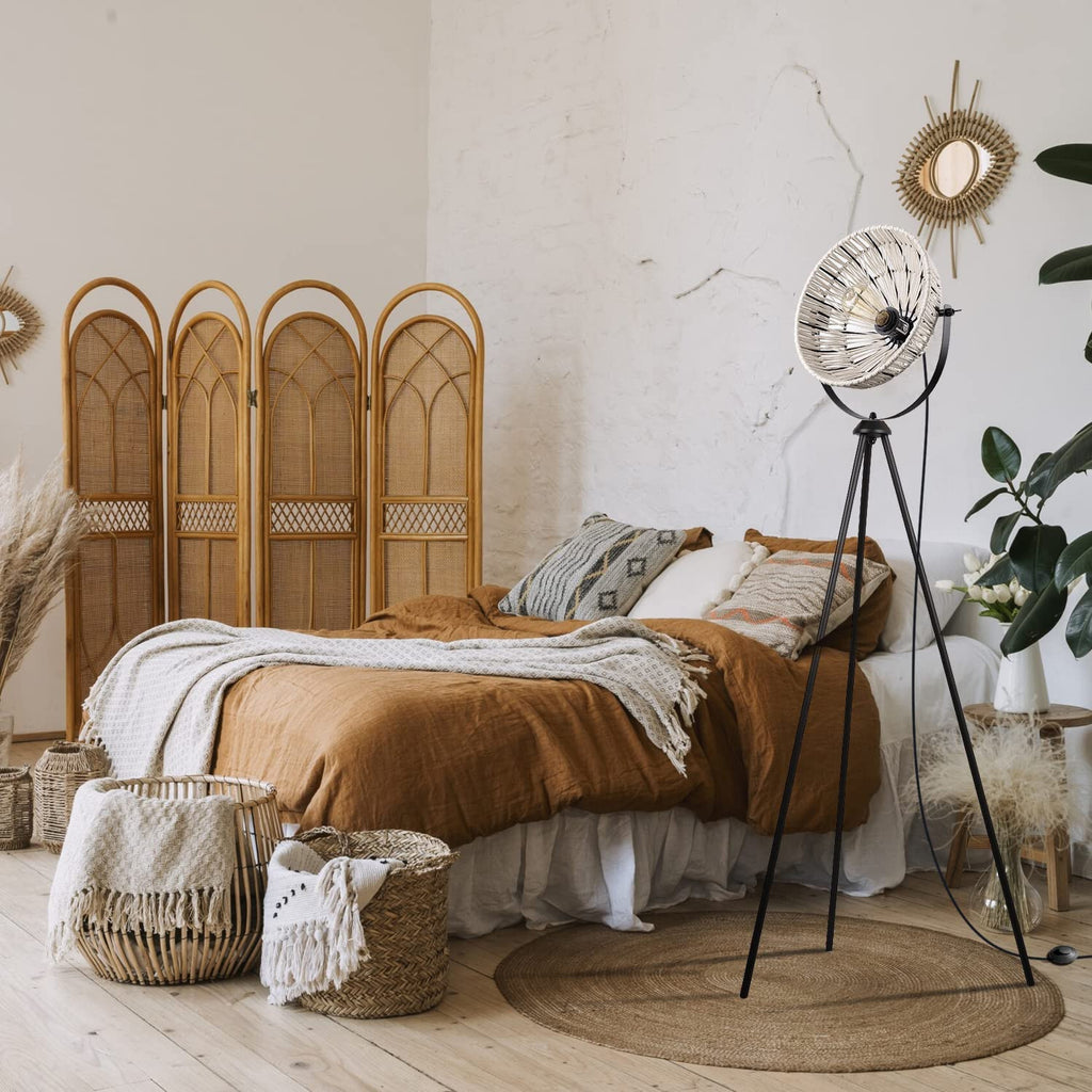 Floor Lamp Tripod Base with Woven Shade Bohemian Style