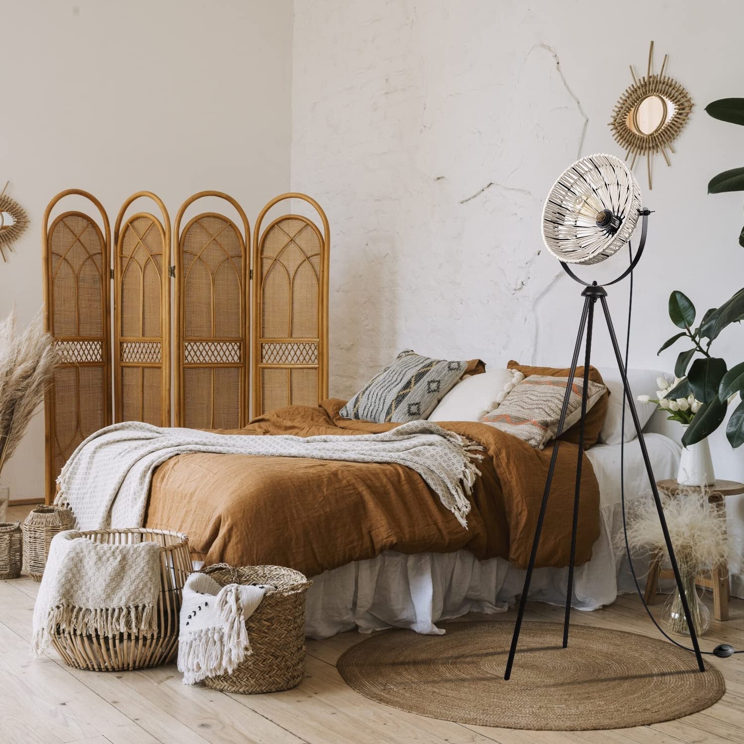 Floor Lamp Tripod Base with Woven Shade Bohemian Style