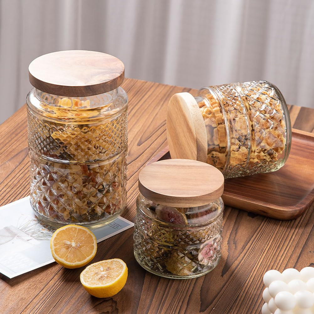 Vintage Embossed Glass Storage Jars with Wooden Lids