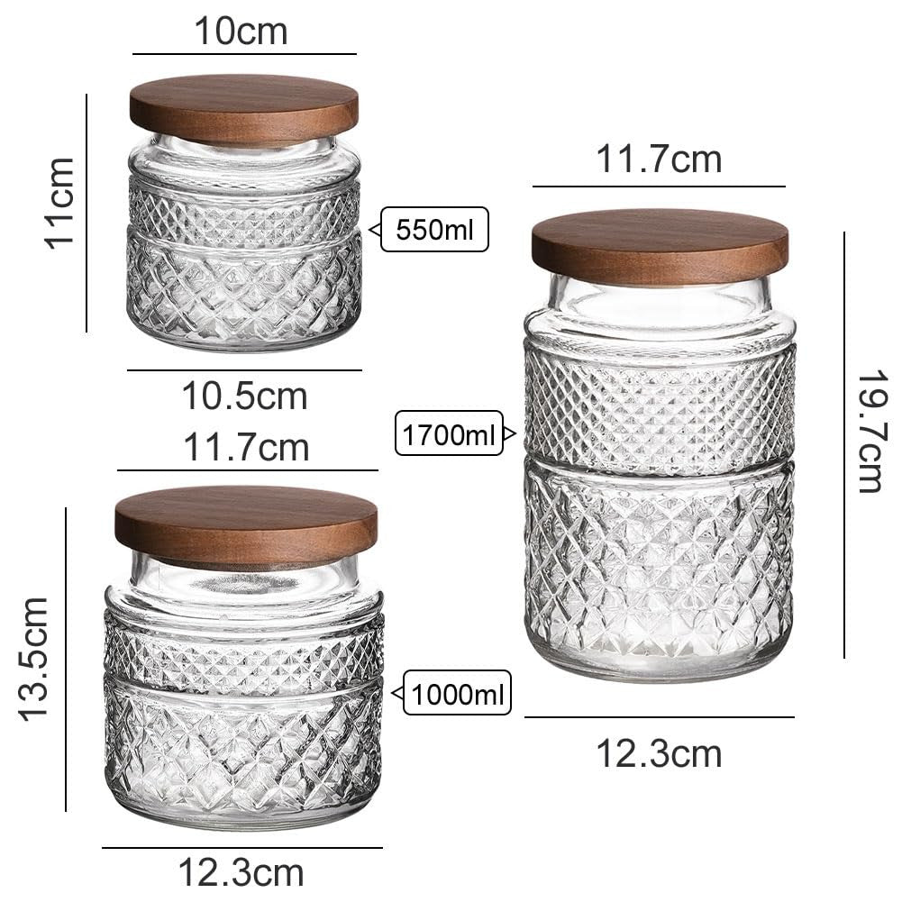 Vintage Embossed Glass Storage Jars with Wooden Lids