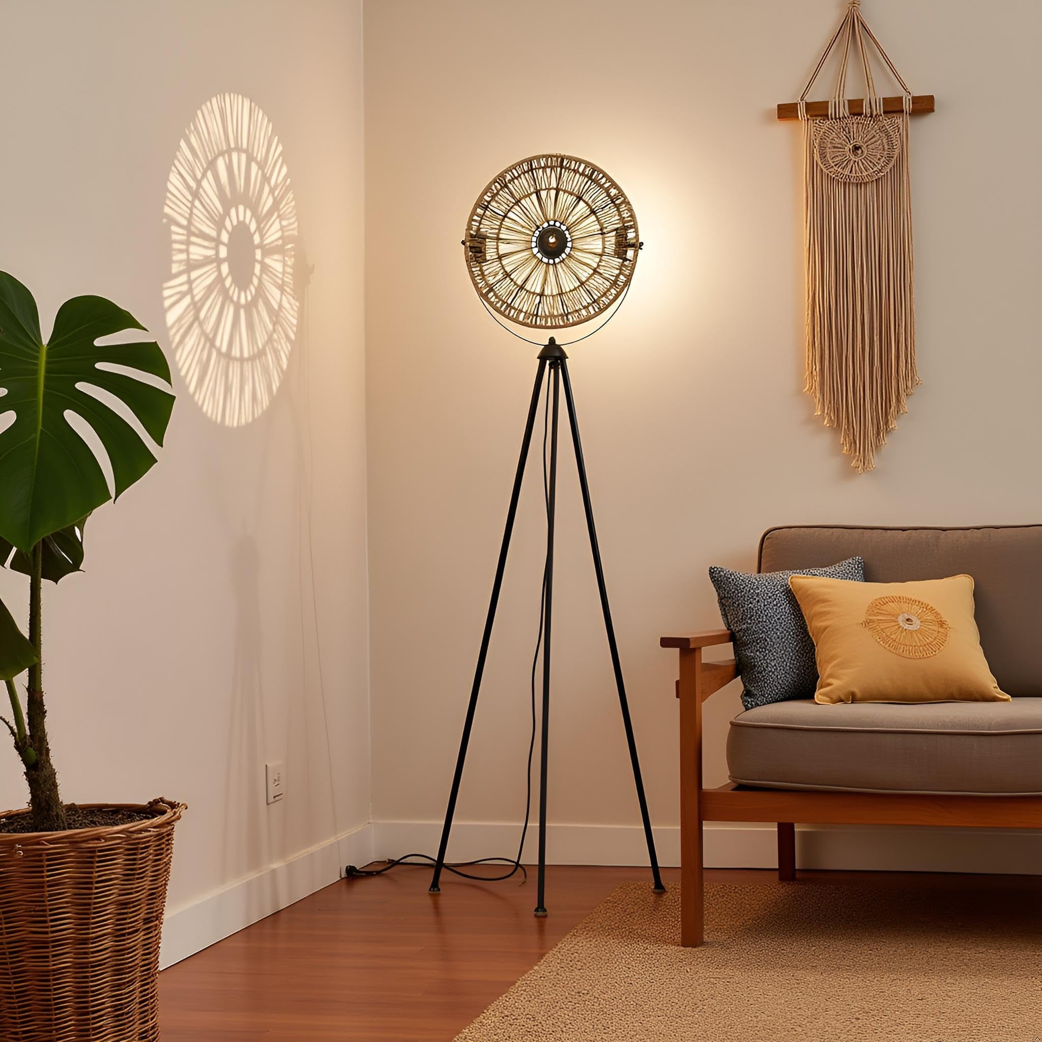 Decorative Tripod Floor Lamp with Sunburst Shade Adjustable Stand