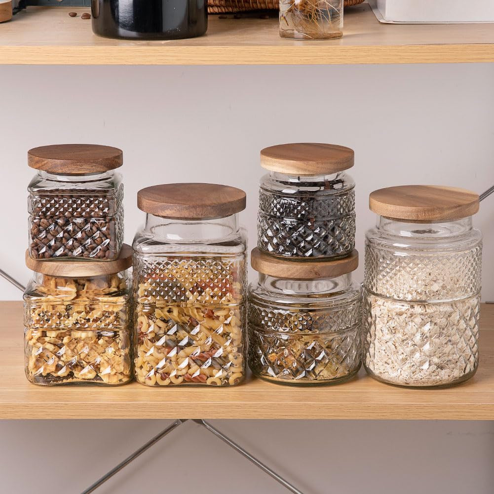 Vintage Embossed Glass Storage Jars with Wooden Lids