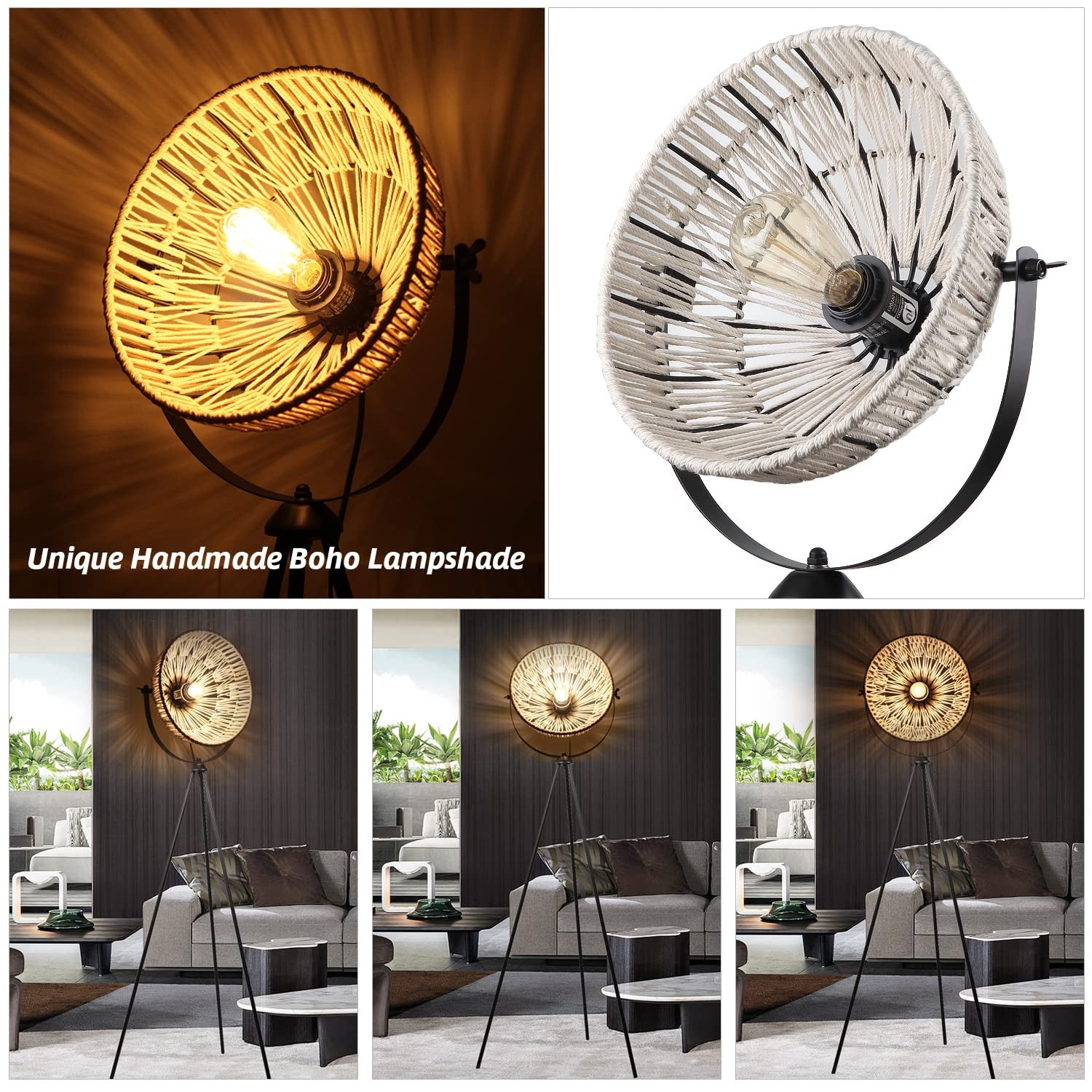 Floor Lamp Tripod Base with Woven Shade Bohemian Style
