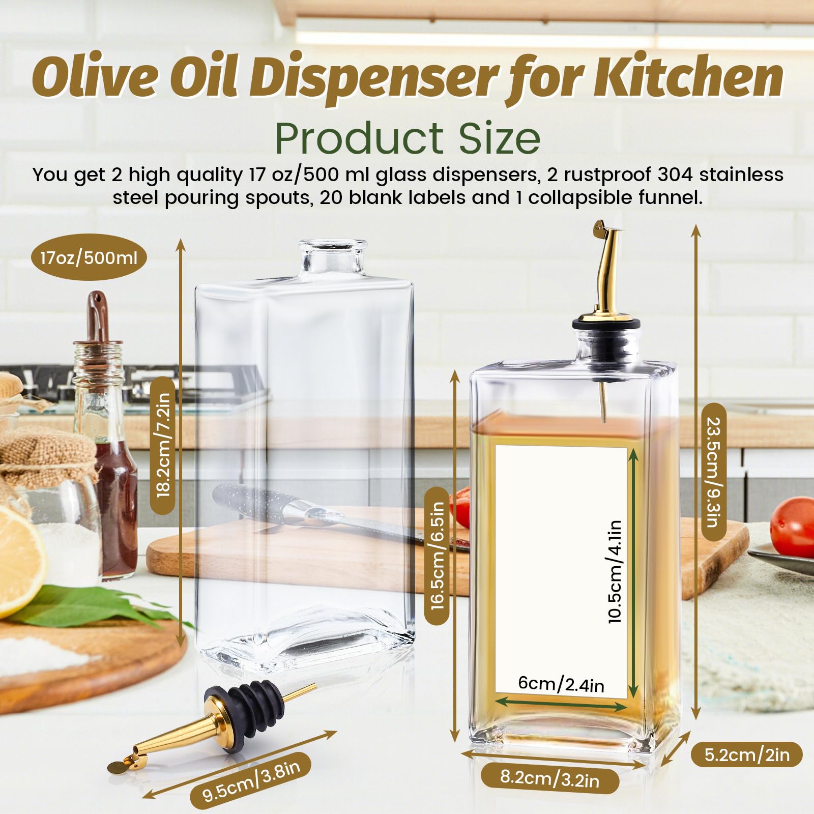 Olive Oil Dispenser Bottle Set 2 Pack 500ml for Oil, Vinegar, Soy Sauce, Coffee Syrup