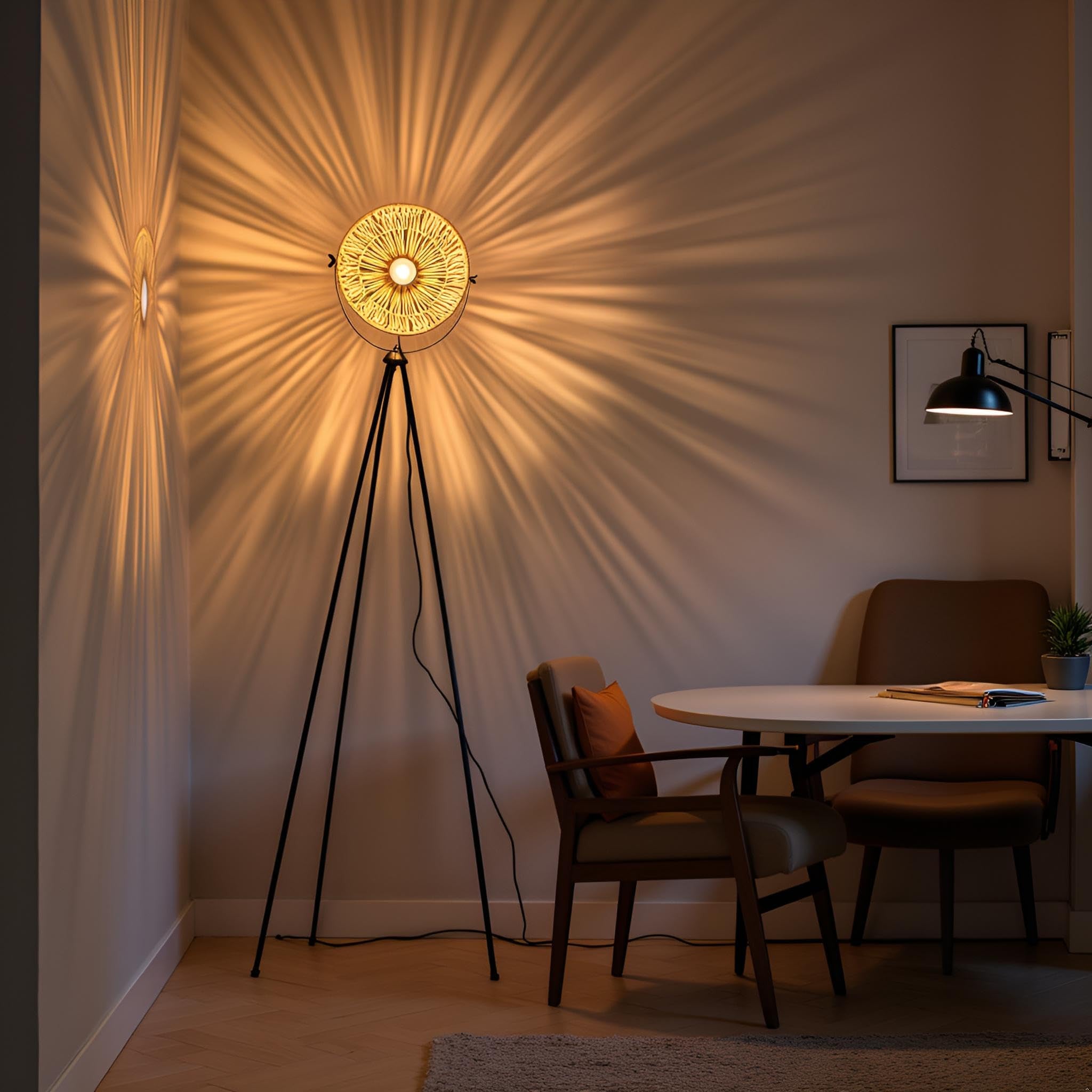 Decorative Tripod Floor Lamp with Sunburst Shade Adjustable Stand