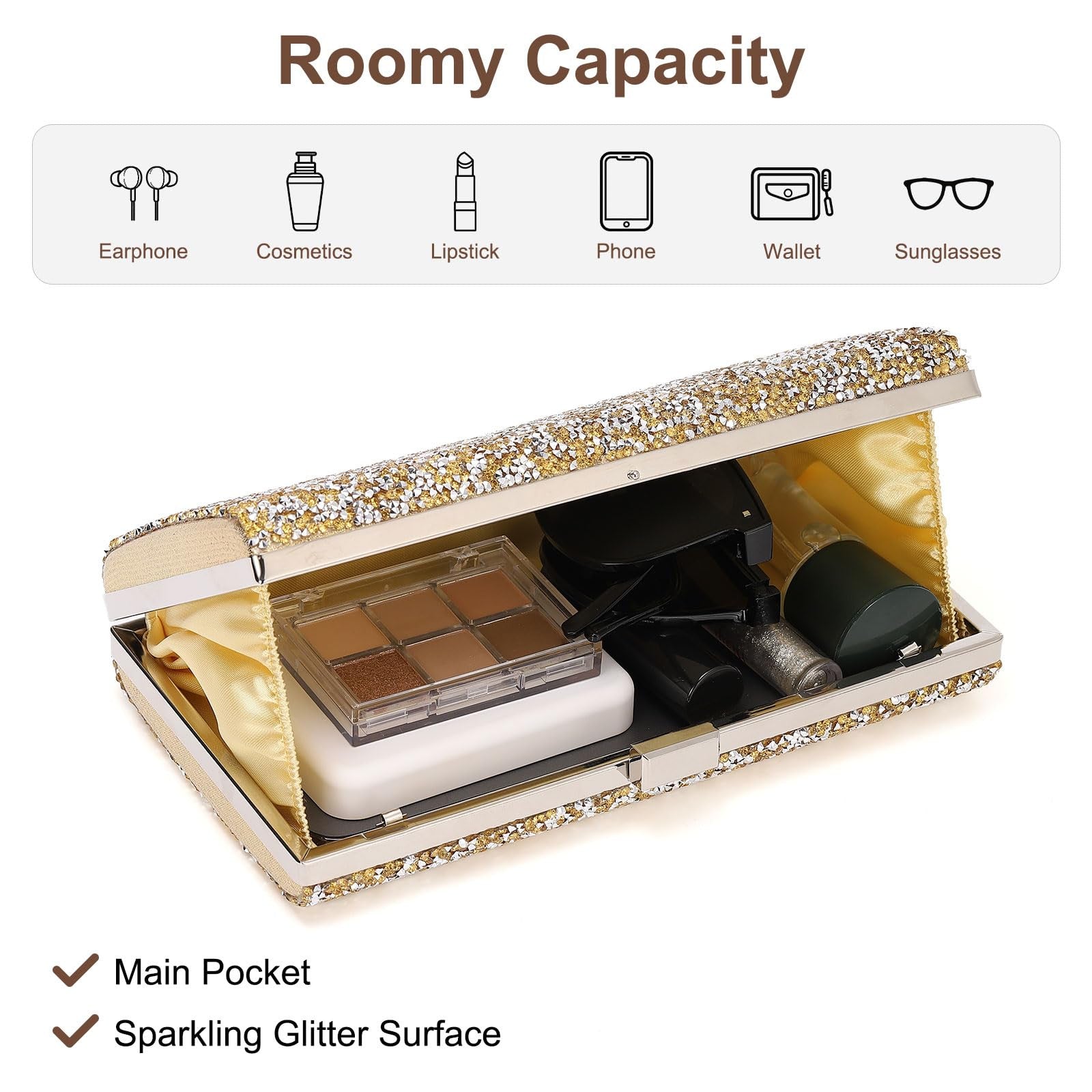 Evening Clutch Bag with Metal Frame Detachable Strap - Gold