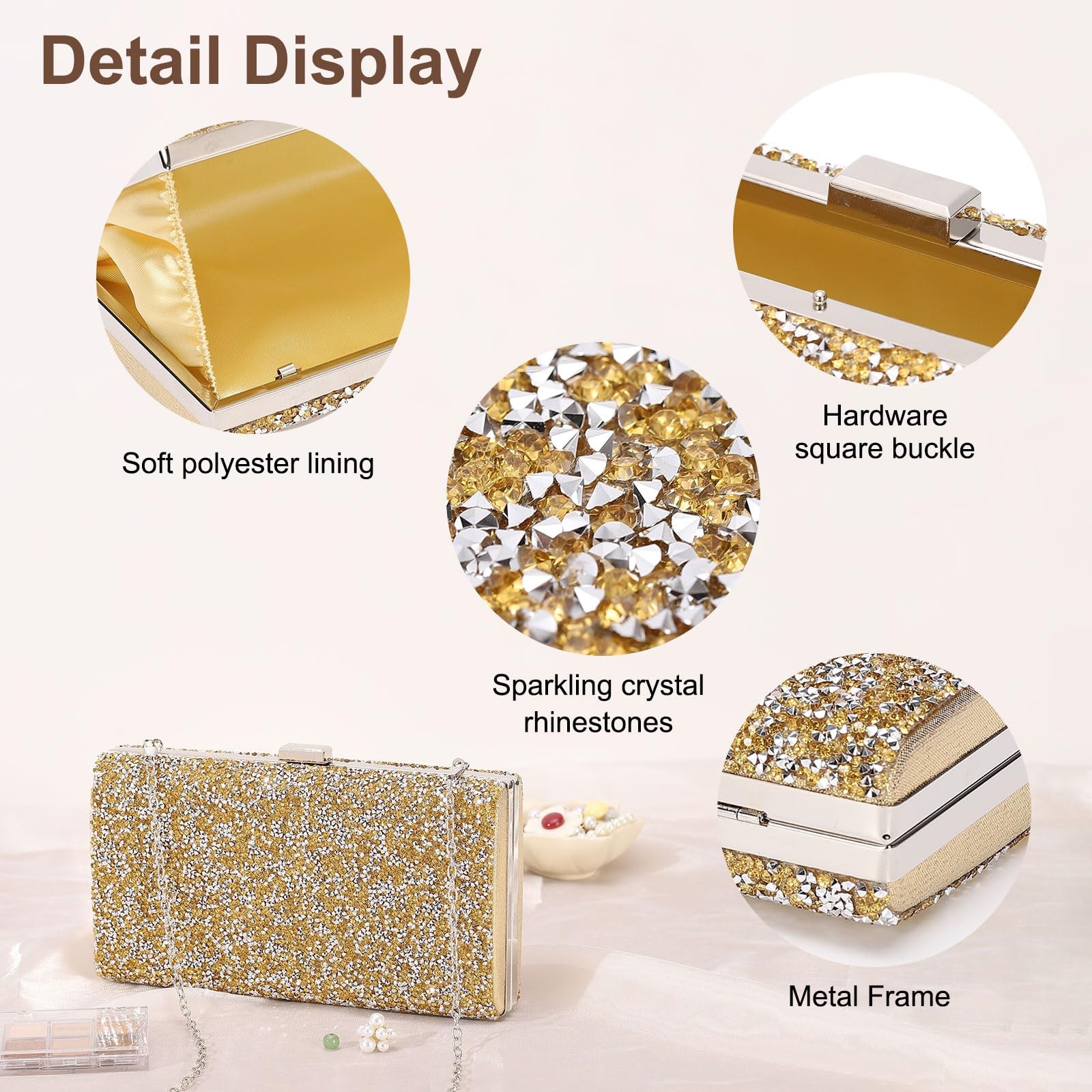 Evening Clutch Bag with Metal Frame Detachable Strap - Gold