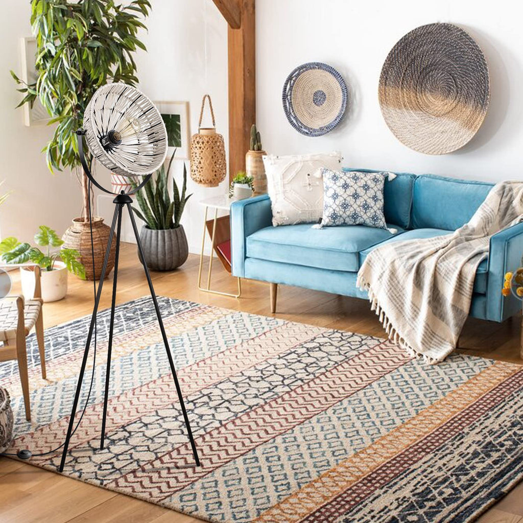 Floor Lamp Tripod Base with Woven Shade Bohemian Style