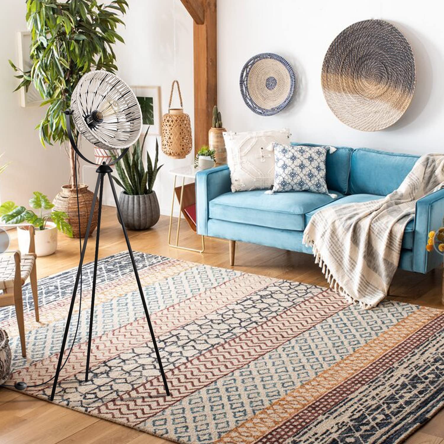 Floor Lamp Tripod Base with Woven Shade Bohemian Style