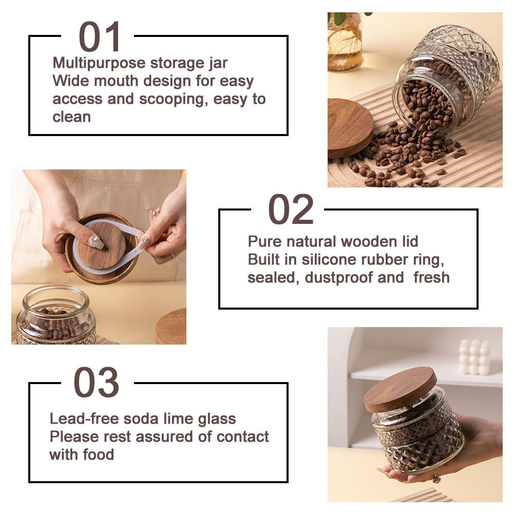 Vintage Embossed Glass Storage Jars with Wooden Lids