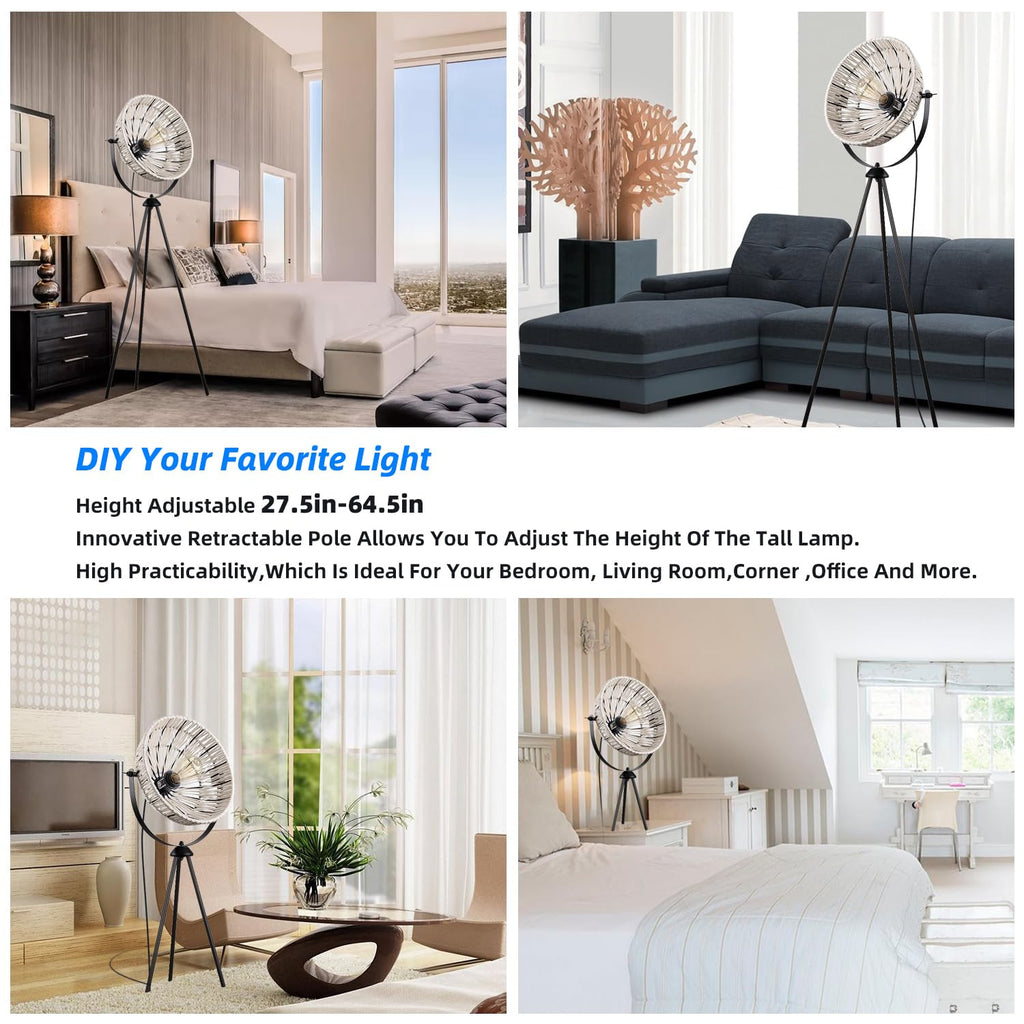 Floor Lamp Tripod Base with Woven Shade Bohemian Style