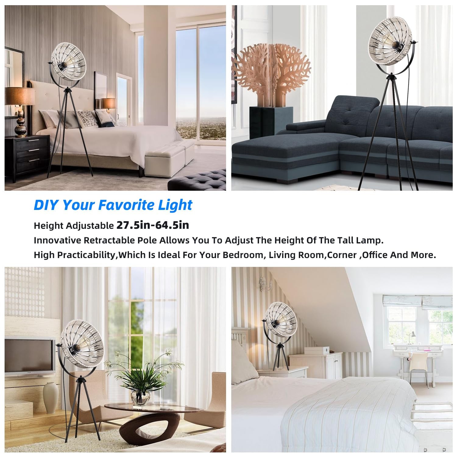 Floor Lamp Tripod Base with Woven Shade Bohemian Style