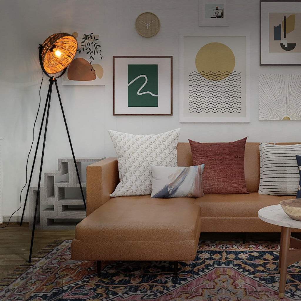 Decorative Tripod Floor Lamp with Sunburst Shade Adjustable Stand