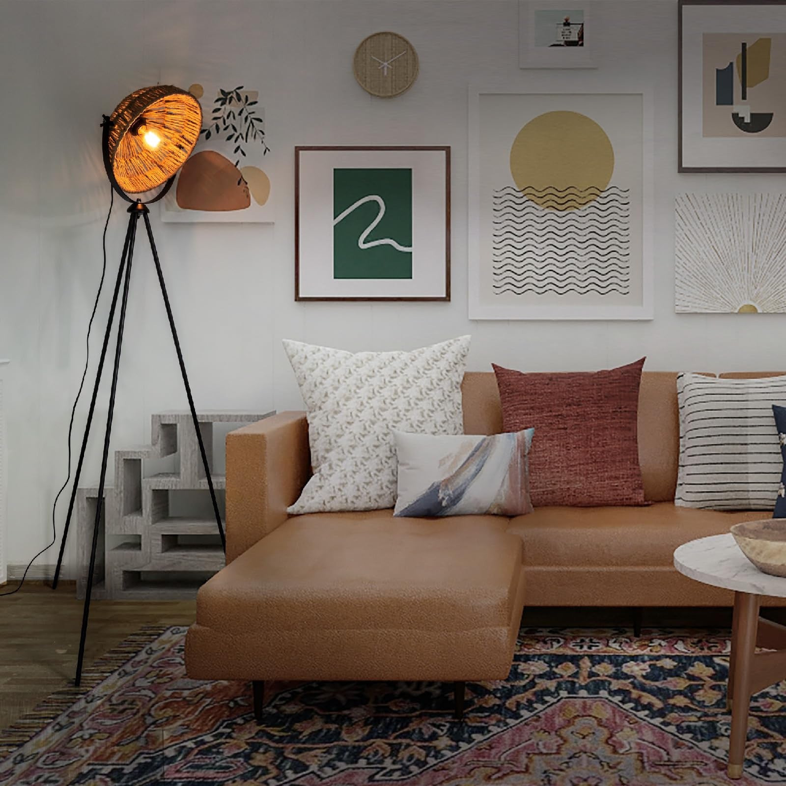 Decorative Tripod Floor Lamp with Sunburst Shade Adjustable Stand