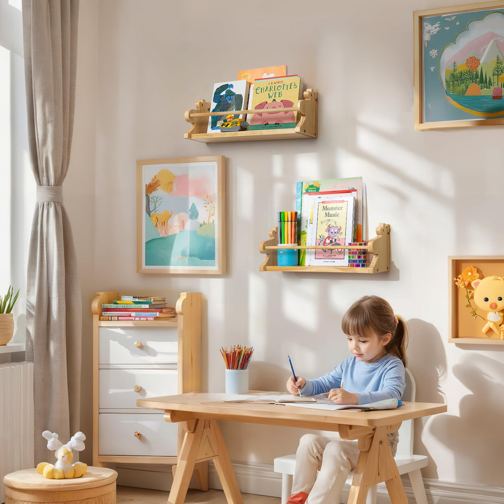 Kids Wooden Floating Wall Bookshelves Set of 2