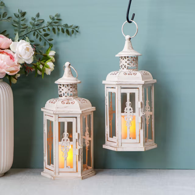 Set of 2 Rustic Decorative Lanterns Vintage Candle Holders – White with Gold Brush