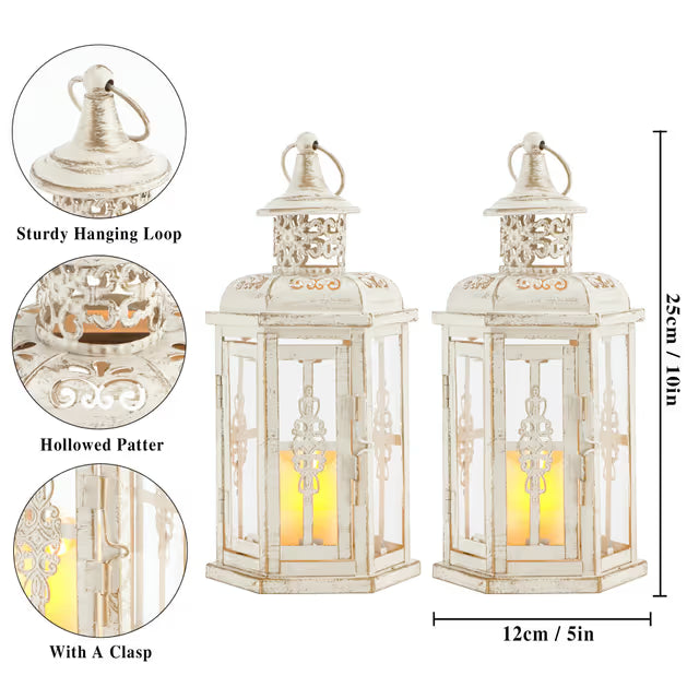 Set of 2 Rustic Decorative Lanterns Vintage Candle Holders – White with Gold Brush