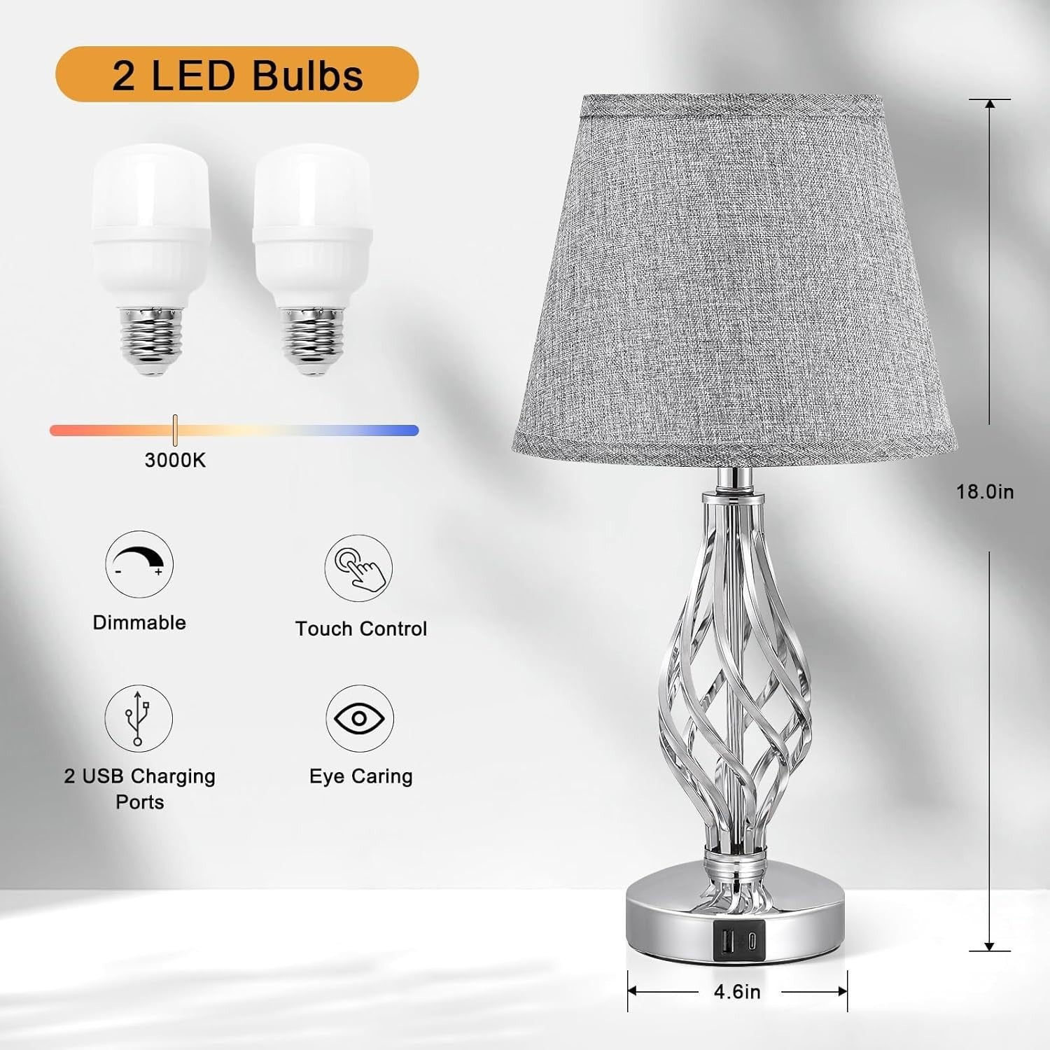 Touch Table Lamps Set of 2, Bedside Lamp with USB-C USB-A Ports, Bedroom Lamps