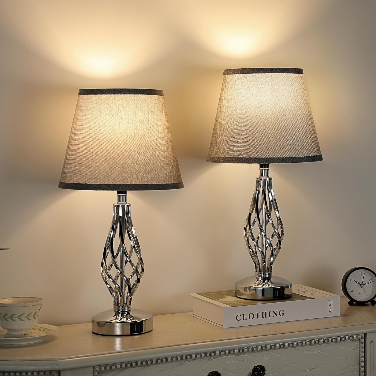 Touch Table Lamps Set of 2, Bedside Lamp with USB-C USB-A Ports, Bedroom Lamps