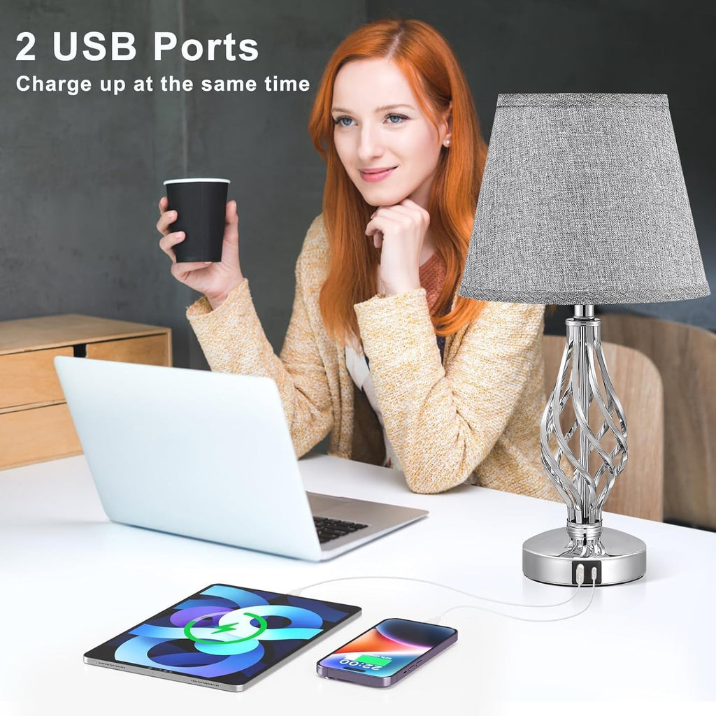 Touch Table Lamps Set of 2, Bedside Lamp with USB-C USB-A Ports, Bedroom Lamps