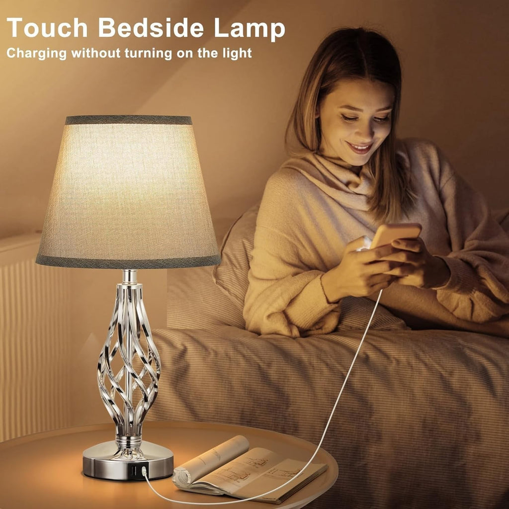Touch Table Lamps Set of 2, Bedside Lamp with USB-C USB-A Ports, Bedroom Lamps