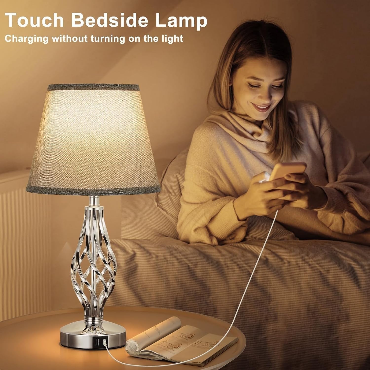Touch Table Lamps Set of 2, Bedside Lamp with USB-C USB-A Ports, Bedroom Lamps
