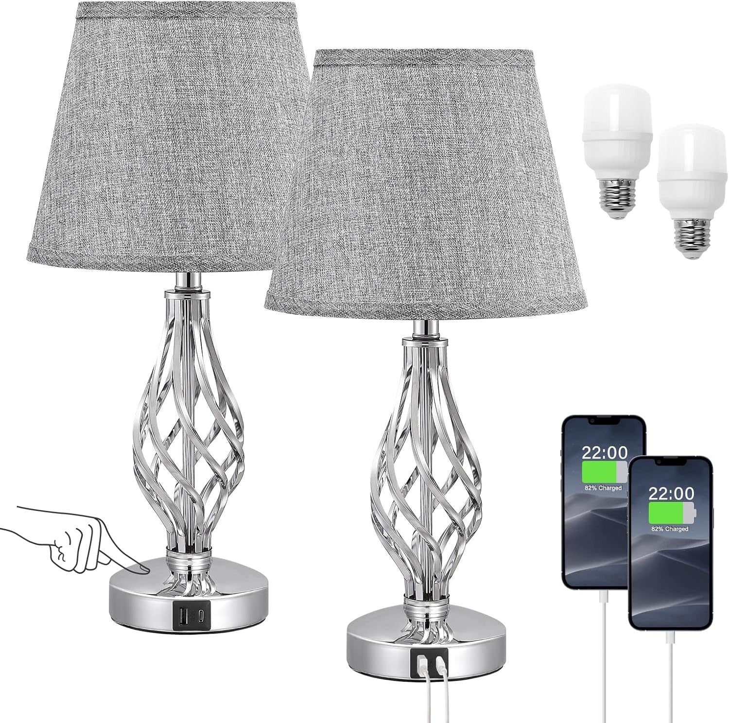Touch Table Lamps Set of 2, Bedside Lamp with USB-C USB-A Ports, Bedroom Lamps