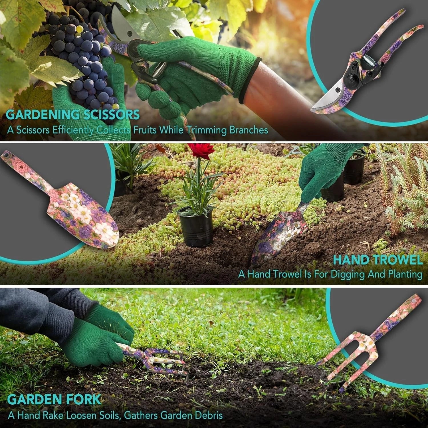 Gardening Gift For Women Floral Garden Tool Set Fork Rake Pruner Candle Cream