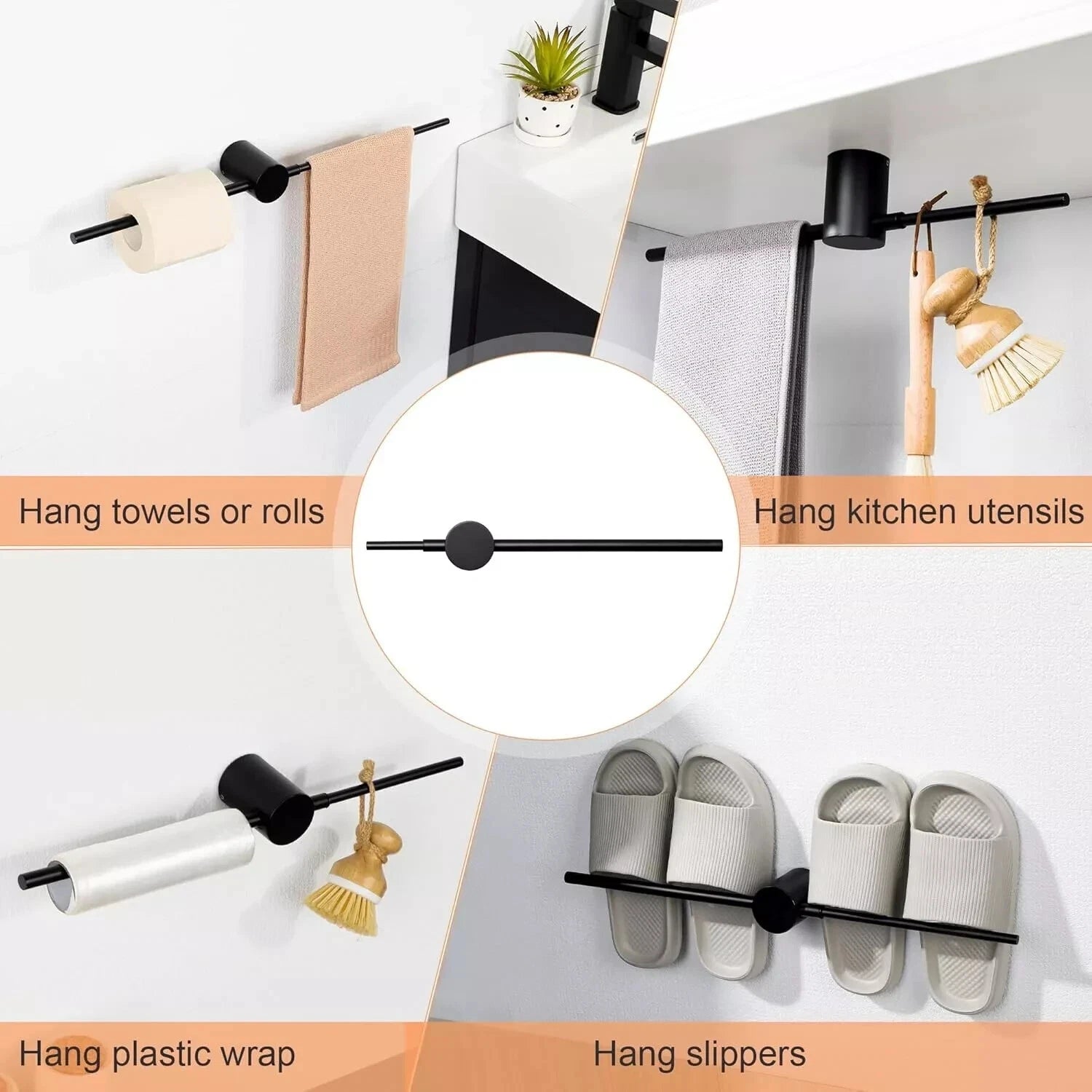 Modern Towel Rail, Wall Mounted Adjustable Up To 60cm - Black