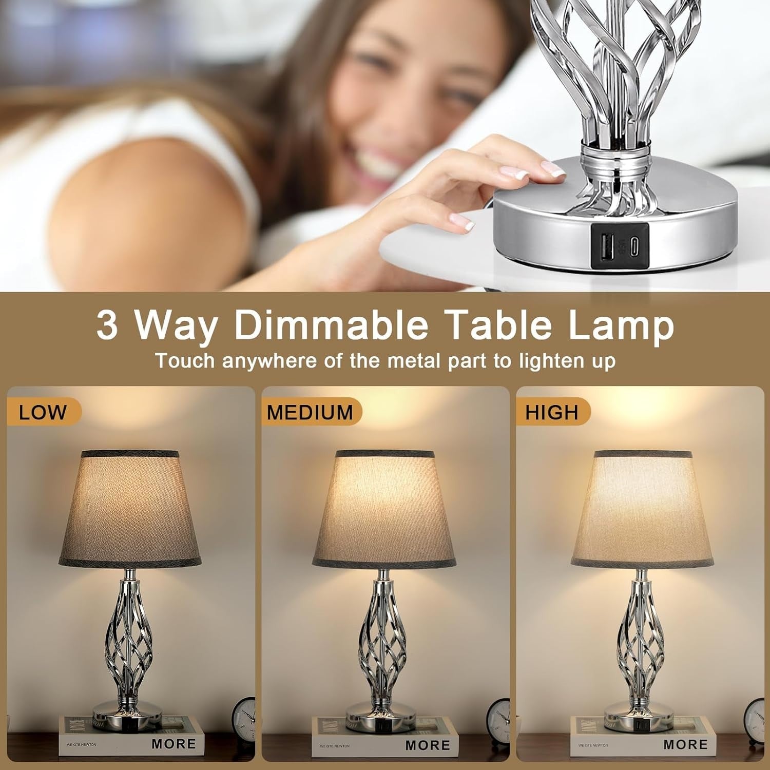 Touch Table Lamps Set of 2, Bedside Lamp with USB-C USB-A Ports, Bedroom Lamps
