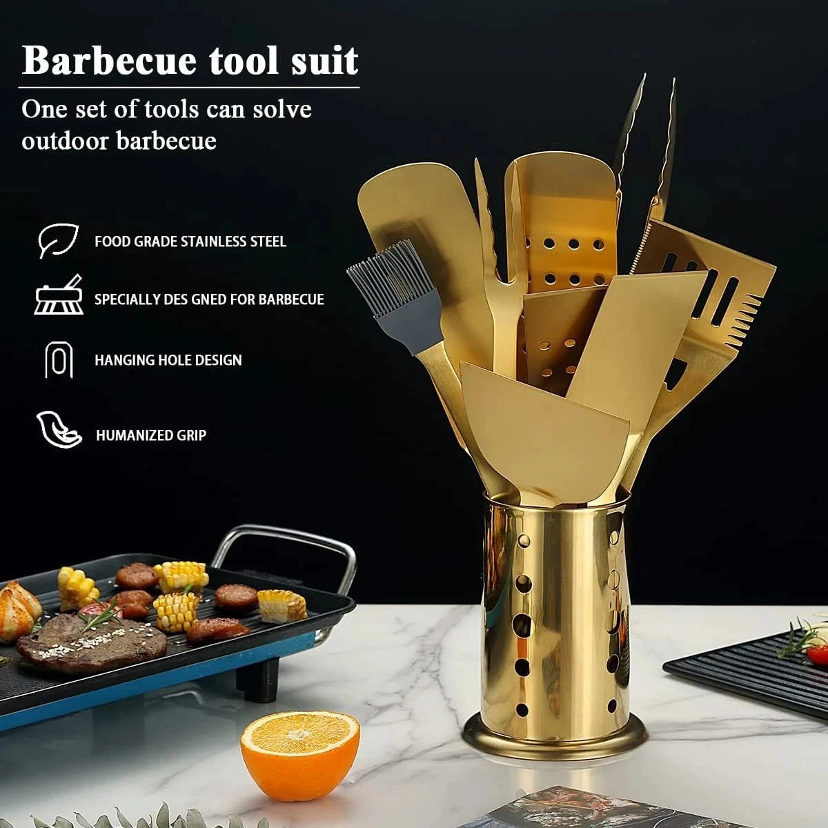 BBQ Tools Set 10-Piece Stainless Steel Heat-Resistant Utensils with Holder